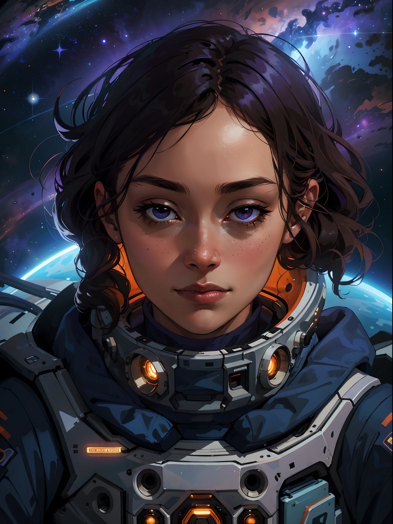 1 girl，sideface，Delicate face，The astronaut，wearing spacesuit，Explore the world of space，Close-up of the shot，worm hole，Space-time tunnel，Interstellar，Space Rock，light and space，a warm color palette，Lots of orange-purple，deep space，galaxias，with light glowing，Planet background，((Masterpiece))，(Best quality))，Breathtaking and magnificent space image scenes，immensely detailed scene，Complicated details，8K，