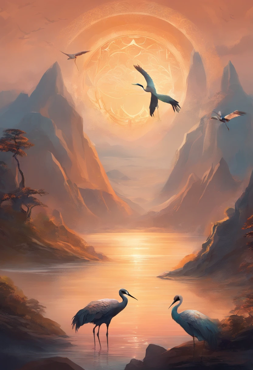 Round frame,There are cranes in the upper part of the circle,There are three mountains in the middle,Underneath are the waves,