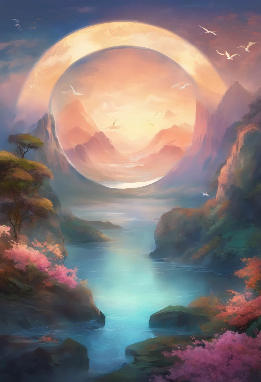 Round frame，There are cranes in the upper part of the circle，There are three mountains in the middle，Underneath are the waves，