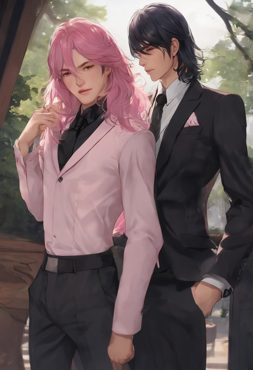 male people、Beautiful skin、long eyelashes、Glaring at me、Pink hair、length hair、bewitching、The shirt、suits、long limbs、Wolfcut、murky、Long bangs、Bangs flowing to the left、2guys、U4