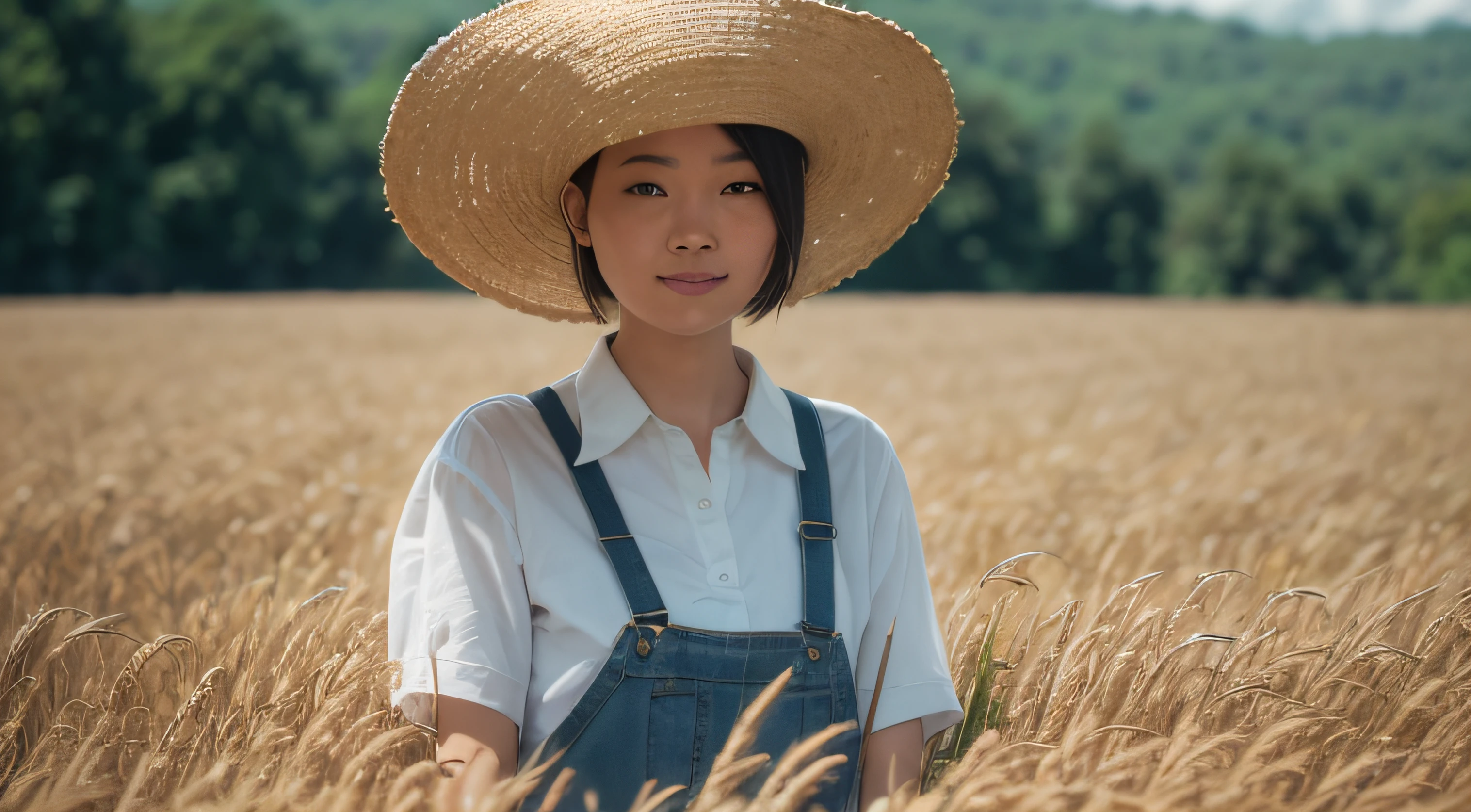 Uncle farmer in straw hat standing in a wheat field smiling,high detal,Large clouds、blue-sky、Rice fields,There are neat rice seedlings in the field,ln the forest,hillside,Quiet,Rustic,high definition detail、Hyper-detailing、cinematic ligh、ultra-realistic realism、Soft light、Deep field focus bokeh、Ray tracing and surrealism。