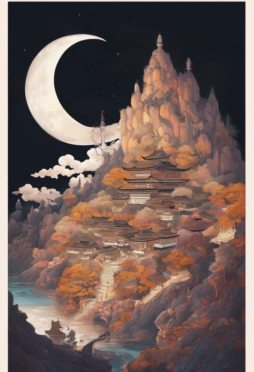 （Tang Feng），（A cliff illuminated by a huge moon），Ultra-long-range viewing angle，No Man，scenecy，the detail