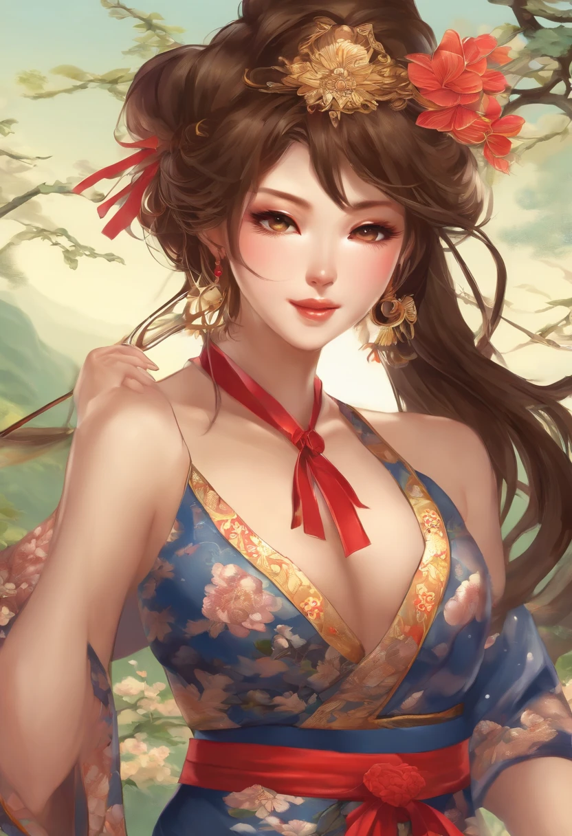 Ear girl in, brunette color hair, Japanese, big breasts exposed cleavage, A short skirt, calf, The is very detailed, dynamic ungle, cow boy shot, (The most beautiful forms of chaos), A flowing, (vivd colour), NFFSW, (Half: 1.2), japanese-inspired, (Tanka flight: 1.5), (bow ribbon: 1.3), (Dreams: 1.5), (japanese-inspired: 1.5), Japanese phoenix、(A smile:0.5)、(japanese god)