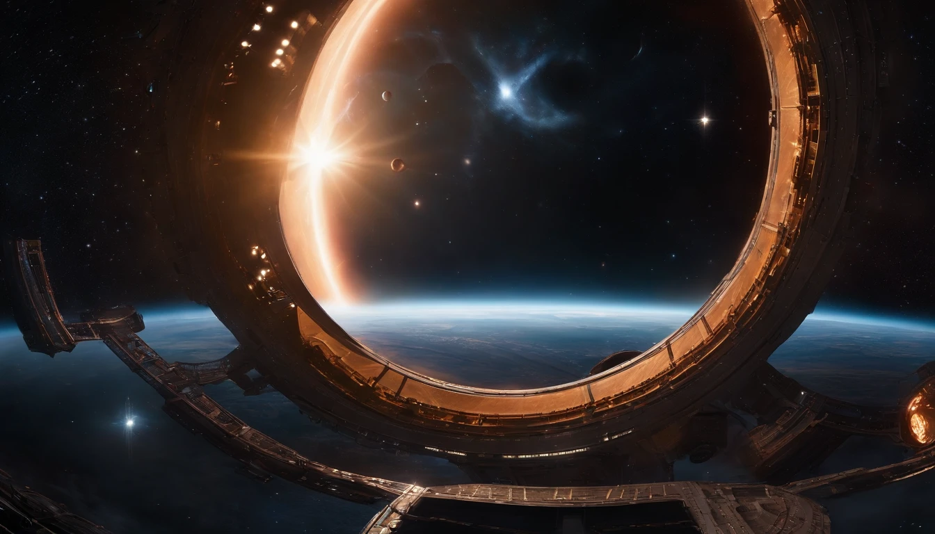 ((Masterpiece)),(Best quality)),Magnificent space image scene,heavenly body,Interstellar,Huge star gates,Spaceship,Shining starry sky,8K,super-fine,high qulity
