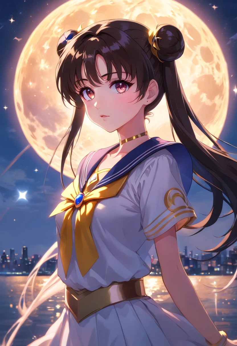 Sailor Moon, Realistic, 1girl in, (magical little girl:1.4), Long dark brown hair, (Gold Opal Eyes), (crystalline, Sparkling bokeh), (Gothic:1.4)Style Sailor Scout Uniform, (Big breasts:1.25), cleavage, wide hips, Small waist, skin tanned, 鎖骨, Parted lips, makeup, blush, Shiny skin, Night, reflection, fullmoon, Moonlight, Rose