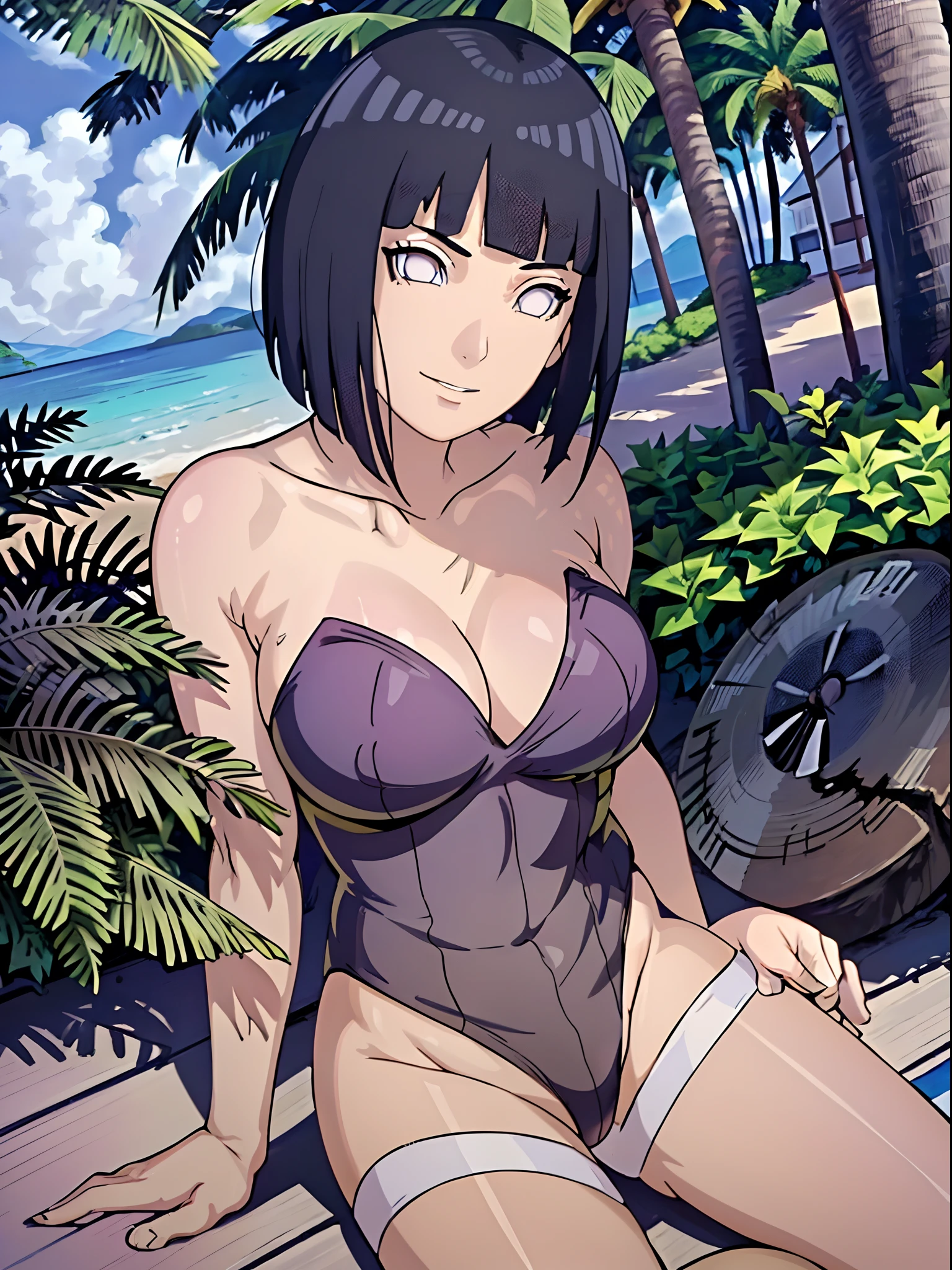 (WALLPAPER,  (hinata\(boruto\), white pants, masterpiece, 4k, vector coloring, whole body shot, (high color saturation), contrast lighting, mature female, (curvy:0.8), solo, anime style, sharp focus, professional artwork, intricate details, colorful, vibrant colors, vivid colors, digital blending, ultra detailed body, ultra detail hair, ultra detail face, trending on pixiv, very hot colors, (((beach background, outdoors))), detailed bold arm lines, high color saturation, bold lines, bold drawing lines),
(standing, (head tilt), closed mouth, kind smile, extremely happy),
((dark blue hair color:1.1), wavy hair, ((short hair, hime cut)),
(perfect eyes, white sciera, bright eyes, white eyes, anime eyes, smoky eyeliner, eyeshadow)
(white skin, (fair skin), slender body, milf, perfect face),
(legs, big breasts, off-shoulders, (detailed shoulders)), 
(bare shoulders, bare legs, (closed fists), hands down), 
(((white leotard only))))