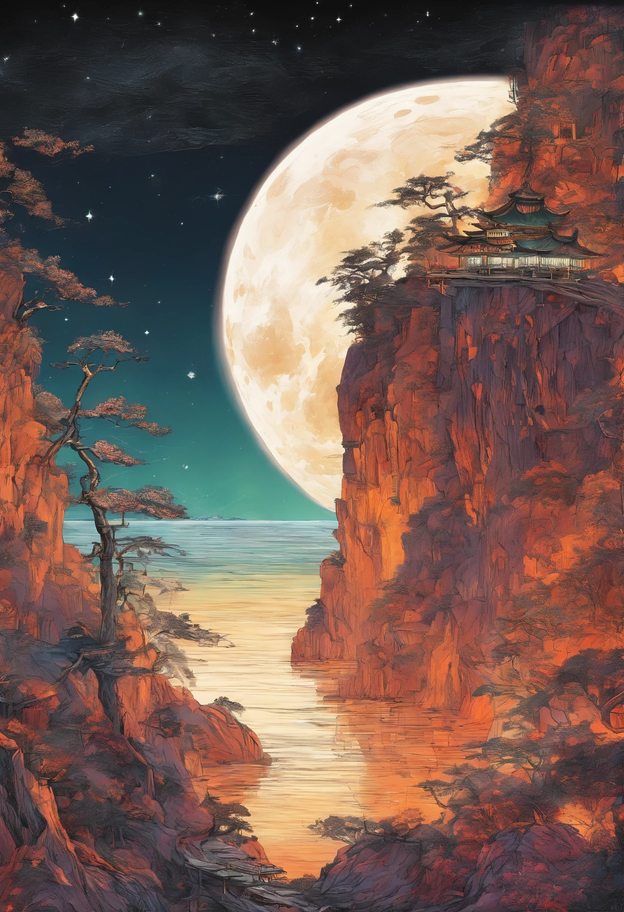 （Tang Feng），（A cliff illuminated by a huge moon），Ultra-long-range viewing angle，No Man，scenecy，the detail