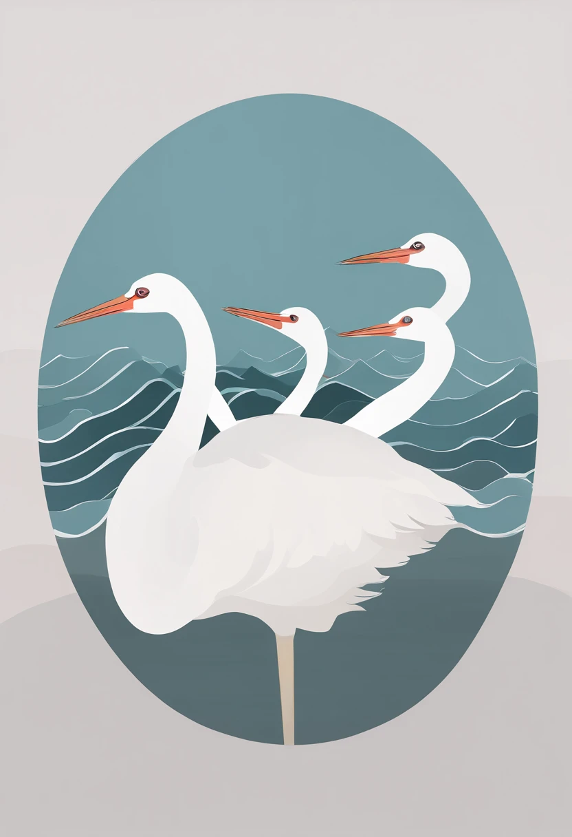Draw inside the round frame，There are cranes in the upper part of the circle，There are three mountains in the middle，Below are the waves，