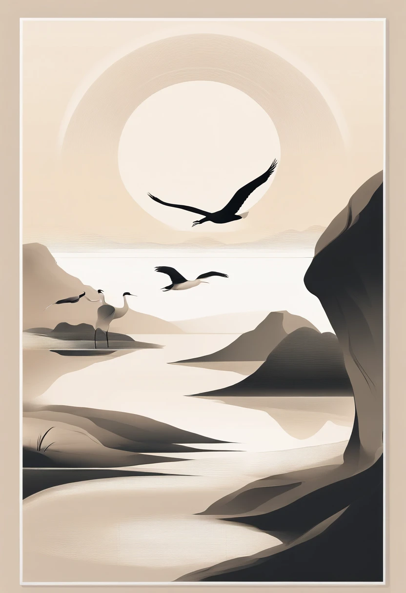 Draw inside the round frame,There are cranes in the upper part of the circle,There are three mountains in the middle,Below are the waves,