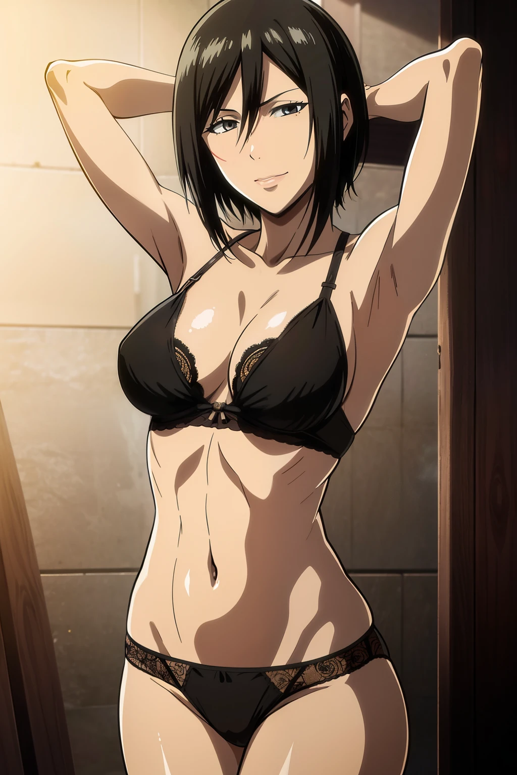 Dazzling, Armpits, intricate detailes, 1girl in, Mikasa Ackerman, (A dark-haired:1.3), hair between eye, short-haired, sideburns, s lips, shut, Yui, s lips, ​masterpiece, best qualtiy, , Bathing, hason, Baezon, Black eyes, , Black eyes, muscle, medium breasts, smil、Black underwear、Lace underwear