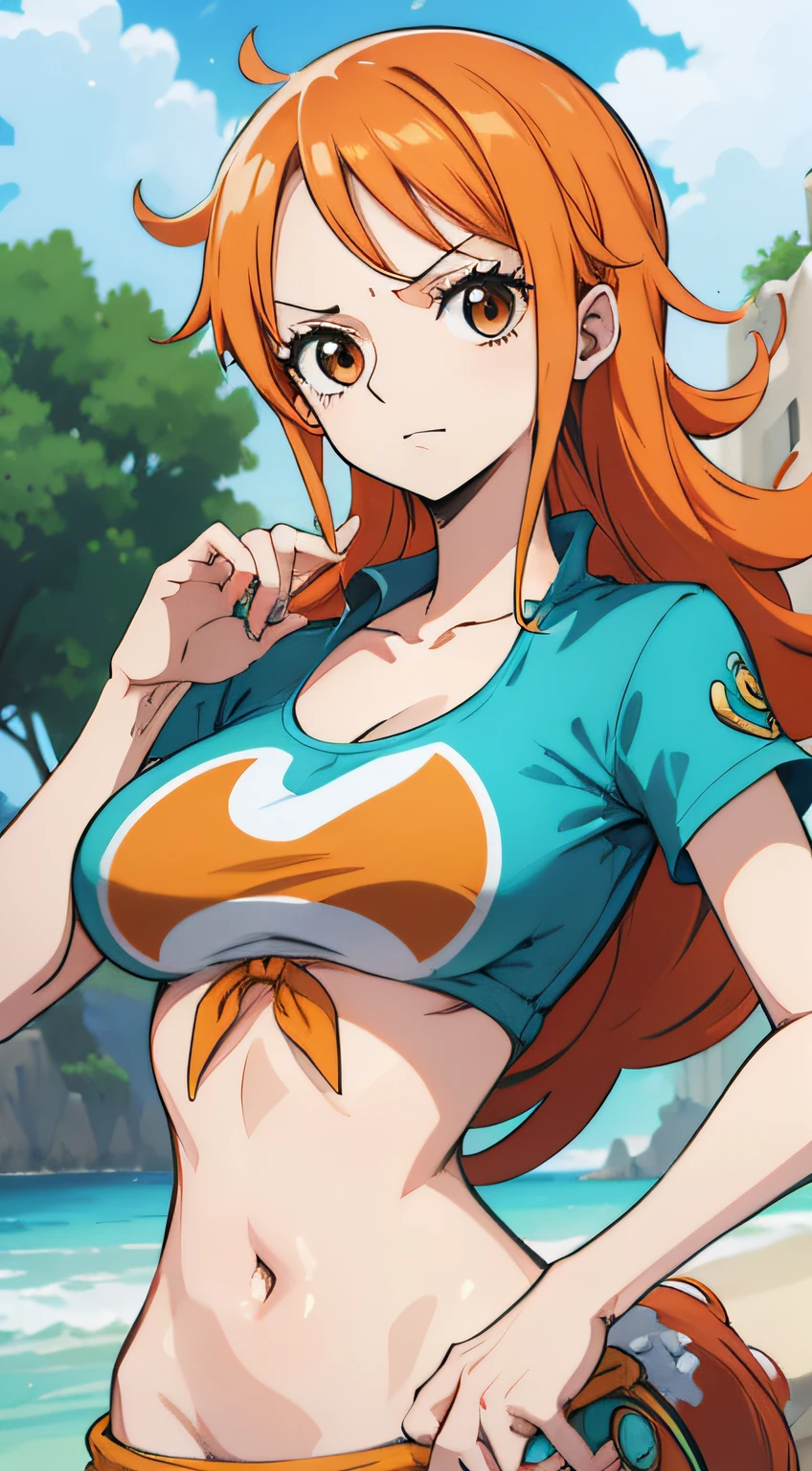 Generar una imagen realista de estilo anime de Nami de One Piece. Captura su apariencia distintiva con cabello naranja, una camisa a rayas azules y blancas, and a cheerful expression. Make sure the picture reflects your adventurous and confident personality as shown in the anime.., cuerpo completo, Plano amplio , NSFW, Curvy athletic body, Antecedentes de la isla,top de sujetador, falda, ojos naranjas, orange eyes