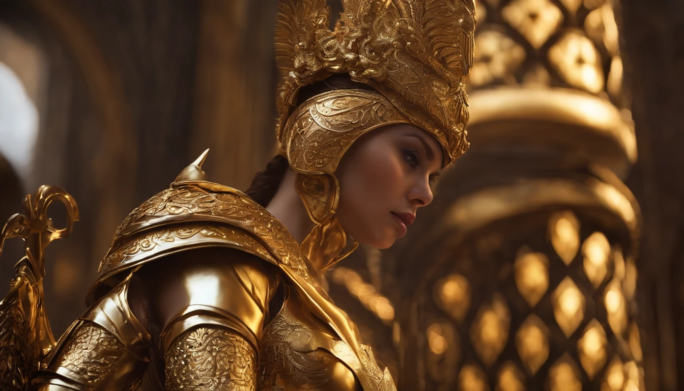 Masterpiece, Best quality, High quality, Extremely detailed Cg Unity 8K wallpaper, , High detail, Absolut warrior,Little golden man,The whole body is covered with golden armor,Gorgeous armor,full bodyesbian,Skirt