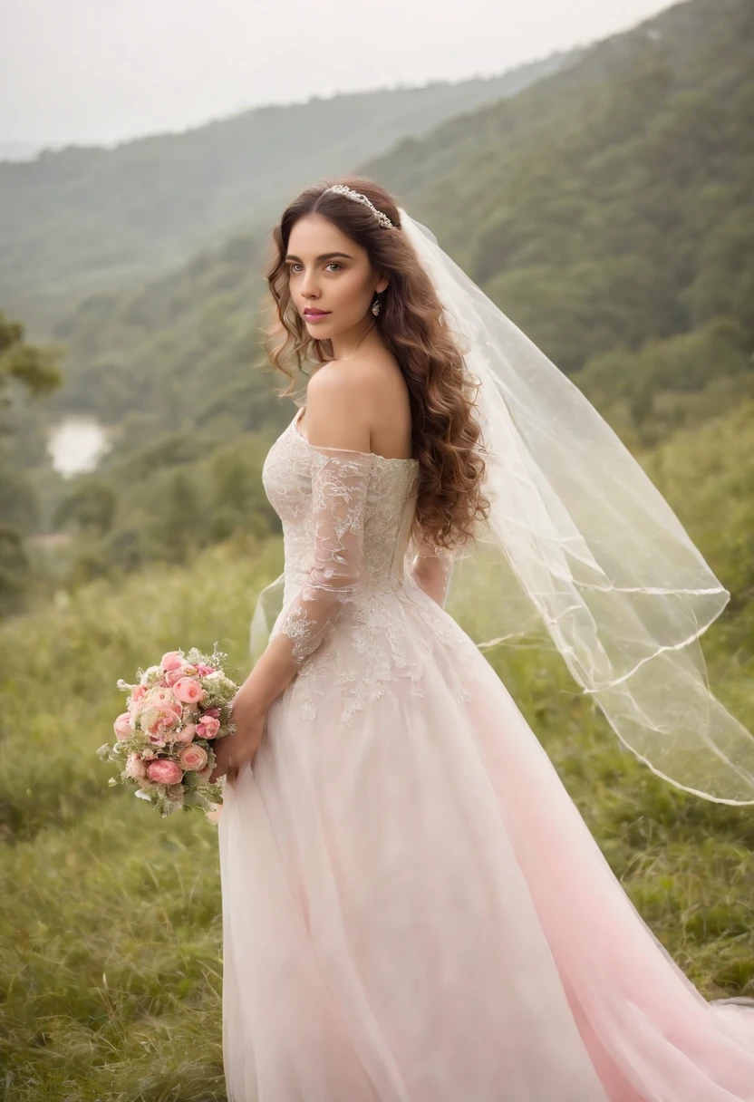 (Full body photograph of 1 girl  curly hair wedding dress with large transparent veil and pink dress + suave e delicado +)+(Vestido longo em cores brilhantes, Luz brilhante, Cabelo loiro longo e liso + Olhos brilhantes e acolhedores)+(pink petals + Brisa suave + with blue sky and white clouds + Bosques verdes e floridos),  ((upper body)),medium shot, high quality photo.