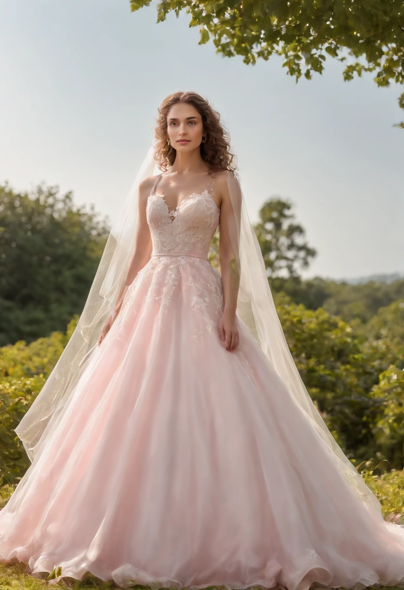 (Full body photograph of 1 girl  curly hair wedding dress with large transparent veil and pink dress + suave e delicado +)+(Vestido longo em cores brilhantes, Luz brilhante, Cabelo loiro longo e liso + Olhos brilhantes e acolhedores)+(pink petals + Brisa suave + with blue sky and white clouds + Bosques verdes e floridos),  ((upper body)),medium shot, high quality photo.