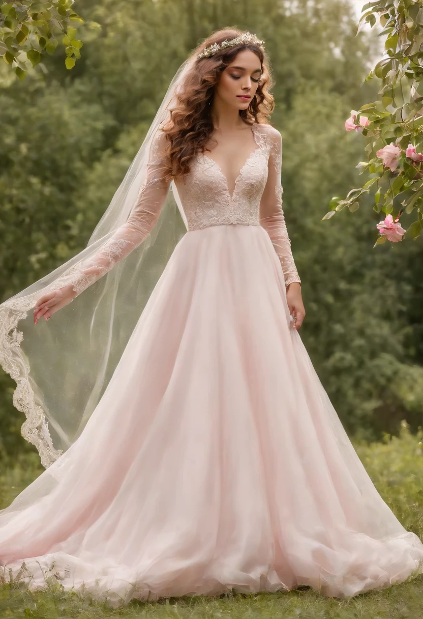 (Full body photograph of 1 girl  curly hair wedding dress with large transparent veil and pink dress + suave e delicado +)+(Vestido longo em cores brilhantes, Luz brilhante, Cabelo loiro longo e liso + Olhos brilhantes e acolhedores)+(pink petals + Brisa suave + with blue sky and white clouds + Bosques verdes e floridos),  ((upper body)),medium shot, high quality photo.