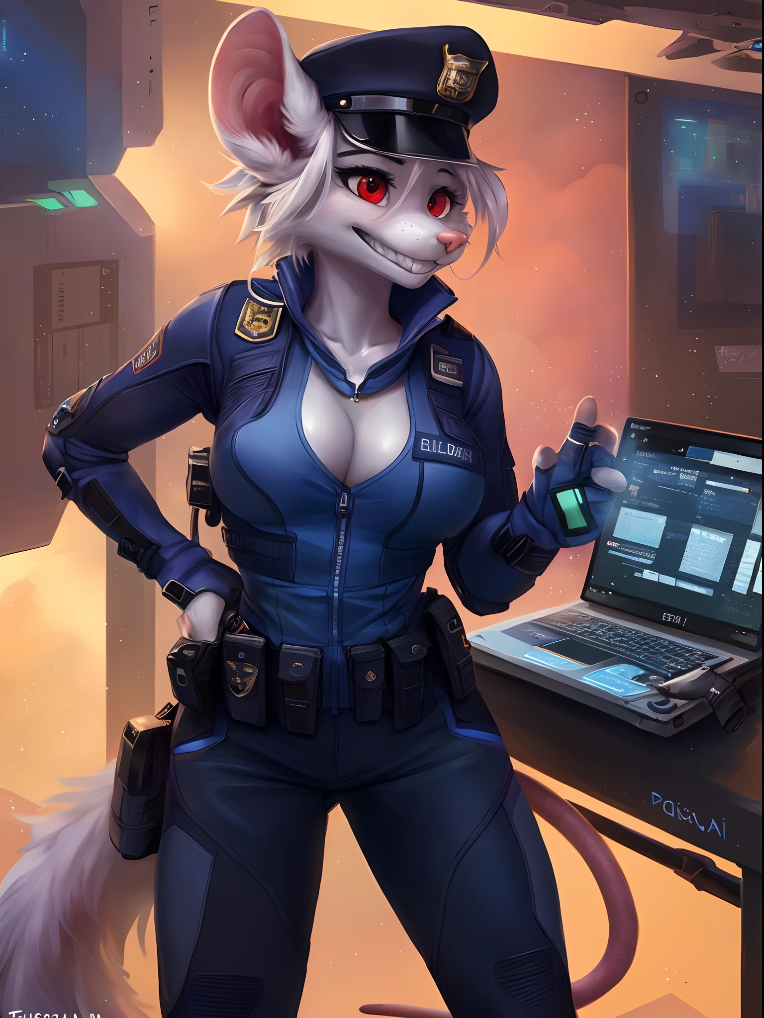 a beautiful and detailed (cute portrait) of ((Officer Flint)), skinny, adorable, red eyes, medium breasts, spacesuit, typing on holographic computer, cleavage, grin, looking up,, anthro, rat, furry, holographic screen, sci-fi, uploaded E621, detailed fluffy fur, (by fluff-kevlar, Bayard Wu, personalami, Pino Daeni), detailed face, (fluffy), 1girl, solo, no watermark