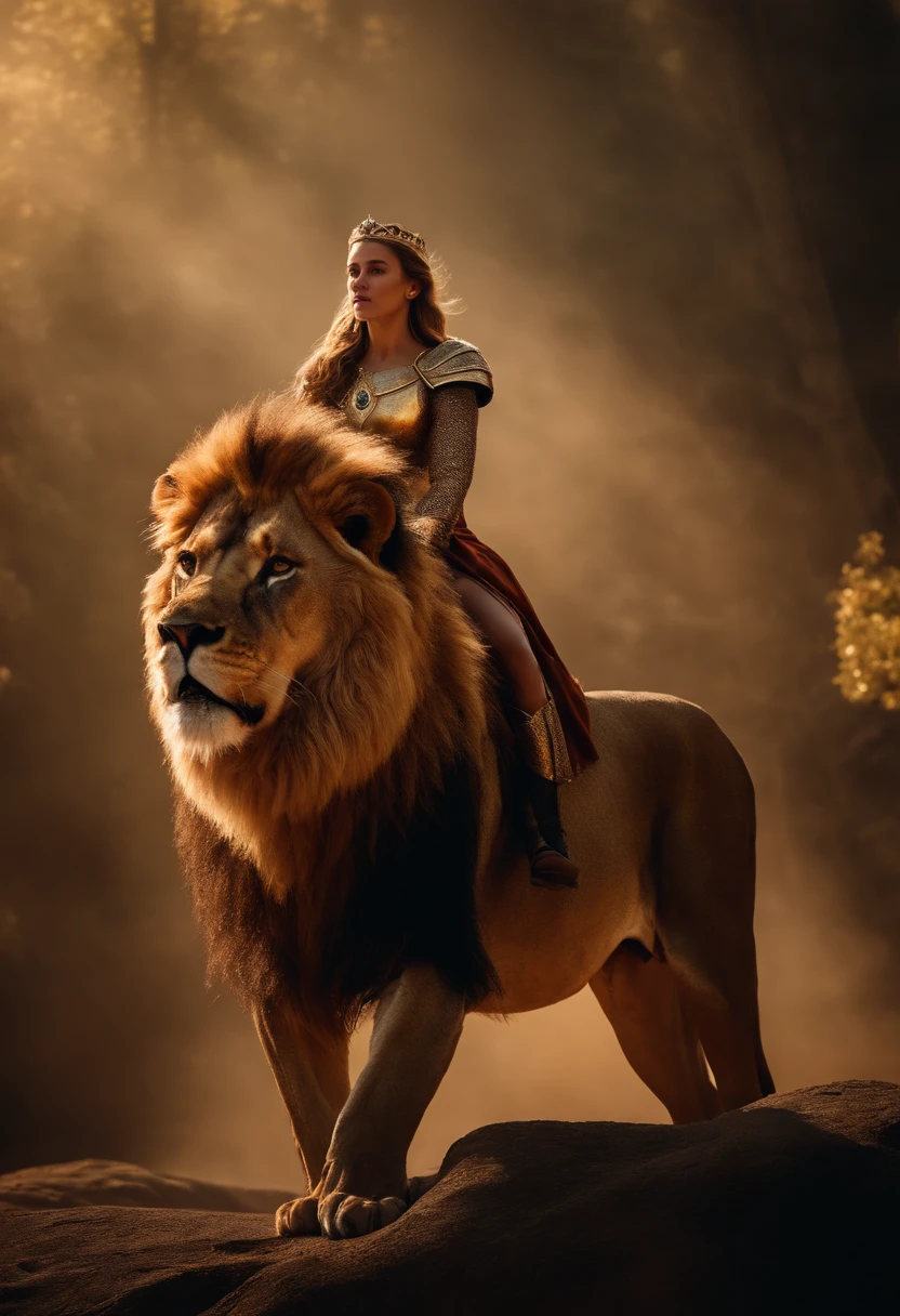 A young queen riding a huge lion.