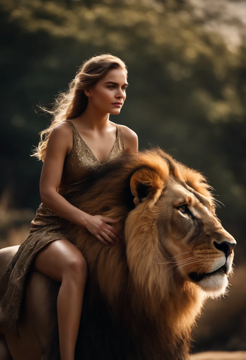 A young queen riding a huge lion.