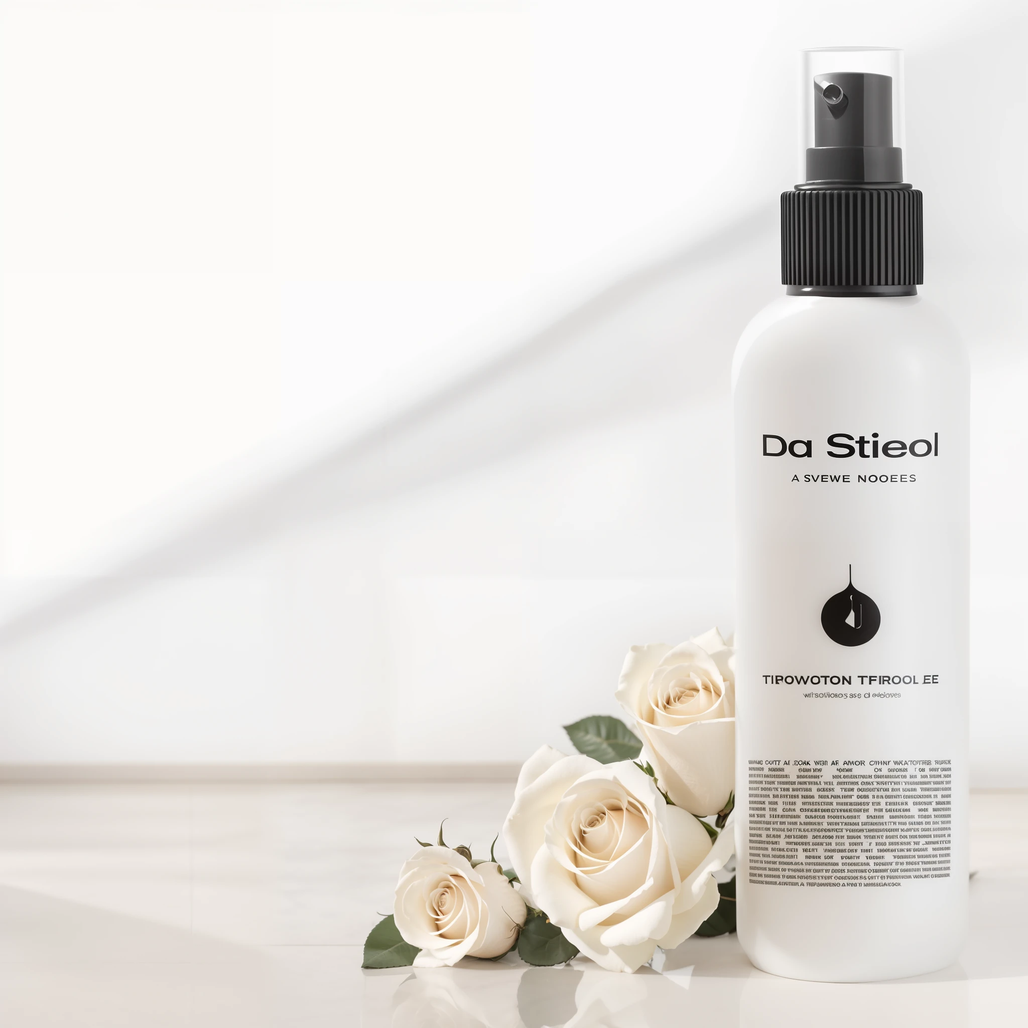 A stone white floor, a tube of roses on it and a reflection