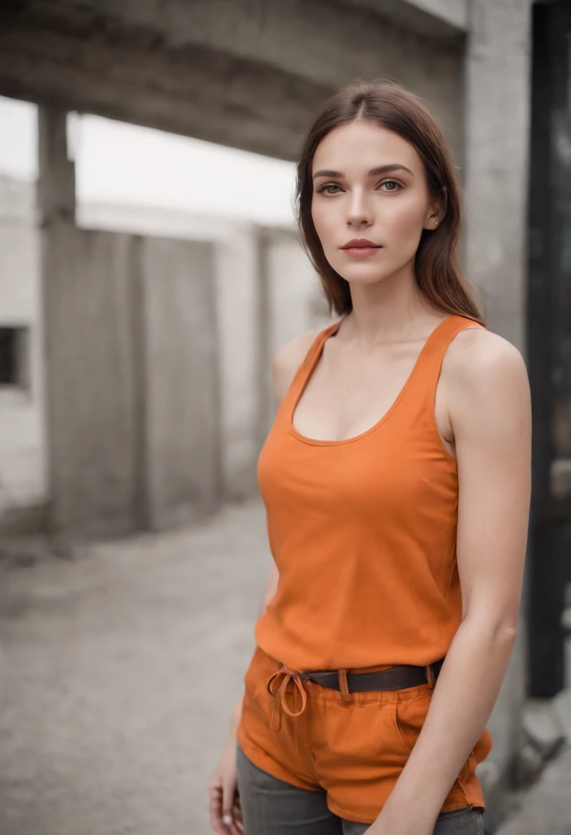 woman in her tank top and orange outfit with tall boots, in the style of neo-concrete, zeiss ikon zm, stockphoto, white and bronze, street-savvy, False naïve, sparse and simple,medium close up shot