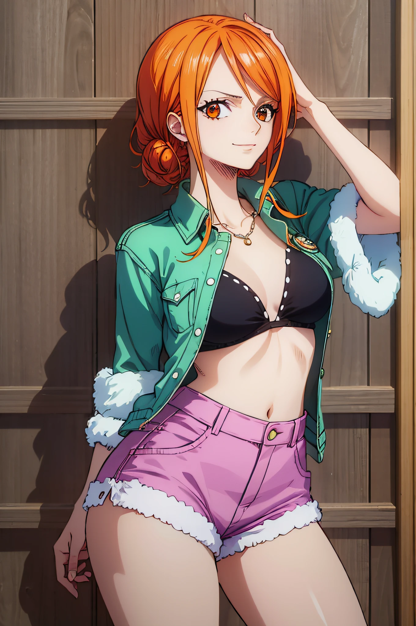 nami_\(one_piece\), 1girl, solo, de pie, (pechos grandes), naranja, (mono naranja), (naranja overall_shorts), (blanco bikini_top), escote, avergonzado, sonrisa, brown_eyes, shiny_skin, cowboy_shot, playa, skindentation, arms_behind_back, (cinta verde para el pelo con lazo), ojos naranjas, orange eyes