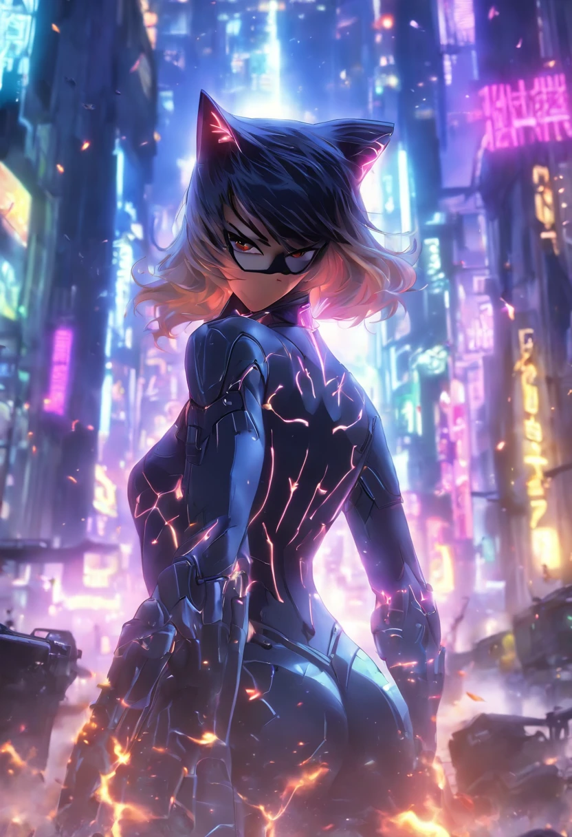 ((Best quality)), ((tmasterpiece)), ((realisticlying)), (A detailed), (Fotor is realistic:1.5), Futuristic Catwoman, (white business suit), Lights in armor, Network cap, looking at viewert, dynamicposes, postapocalyptic, Destroyed city funds, burning building, scientific fiction, hdr, Ray traching, NVIDIA RTX, Hyper-Resolution, Unreal 5, Subsoil scattering,