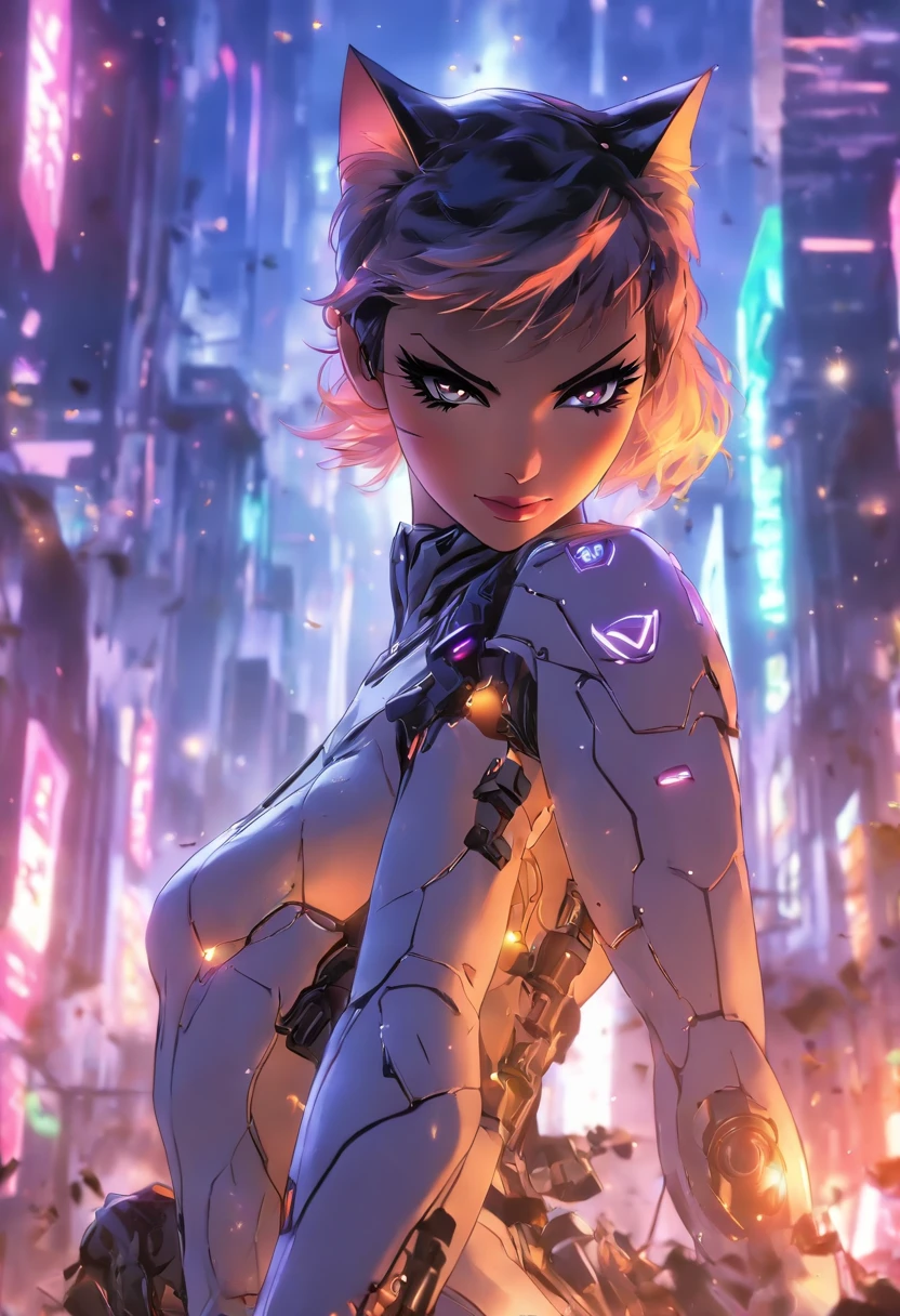 ((Best quality)), ((tmasterpiece)), ((realisticlying)), (A detailed), (Fotor is realistic:1.5), Futuristic Catwoman, (white business suit), Lights in armor, Network cap, looking at viewert, dynamicposes, postapocalyptic, Destroyed city funds, burning building, scientific fiction, hdr, Ray traching, NVIDIA RTX, Hyper-Resolution, Unreal 5, Subsoil scattering,