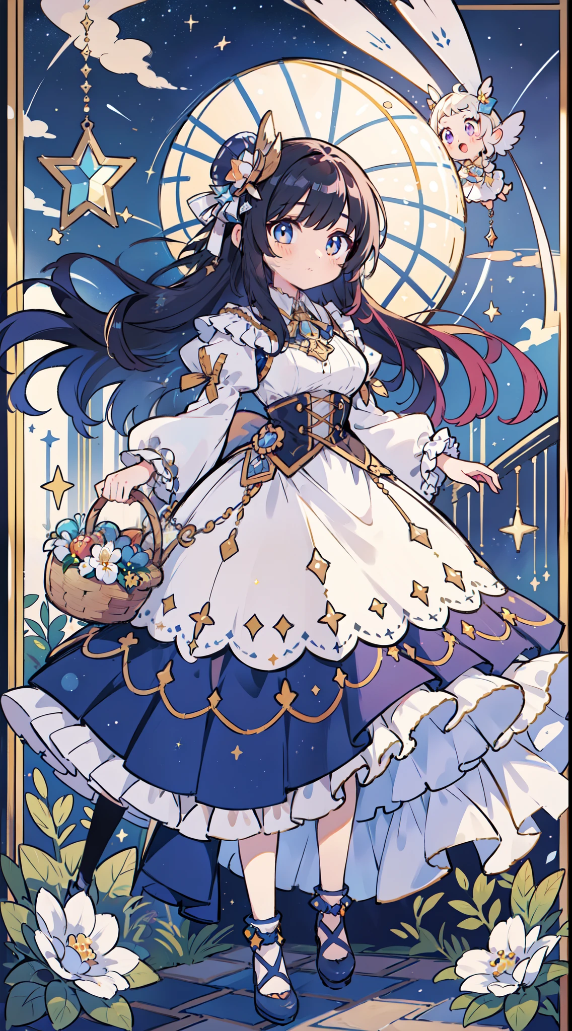 An airship flying through the night sky as fantastic as stained glass, and a woman in a dress with her hair fluttering in the airship's basket. She has a beautiful face and shining eyes of vivid colors. She wears elaborate and delicate ornaments and dresses. Colorful stars shine and fantastically decorate the night sky. Detailed drawing. Vivid colors. High image quality.