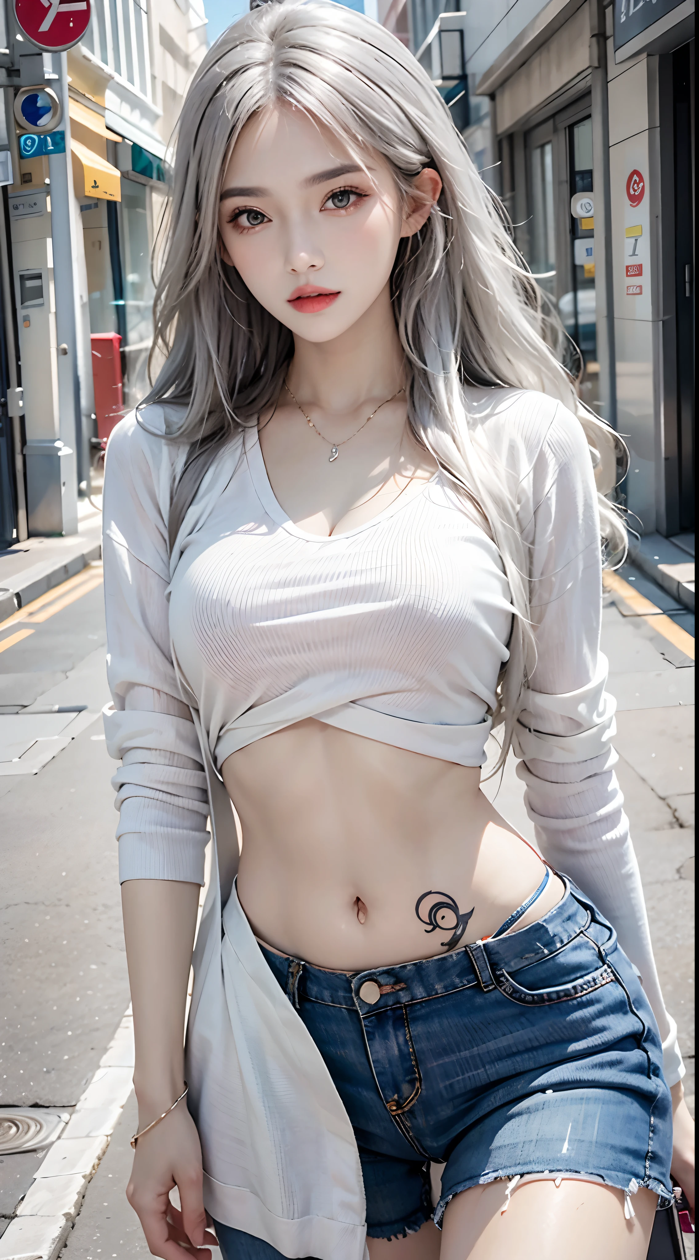 high resolution, 1 woman, hips up, Beautiful eyes, Long hair, ringed eyes, jewelry, tattoo, colorful street wear, white hair