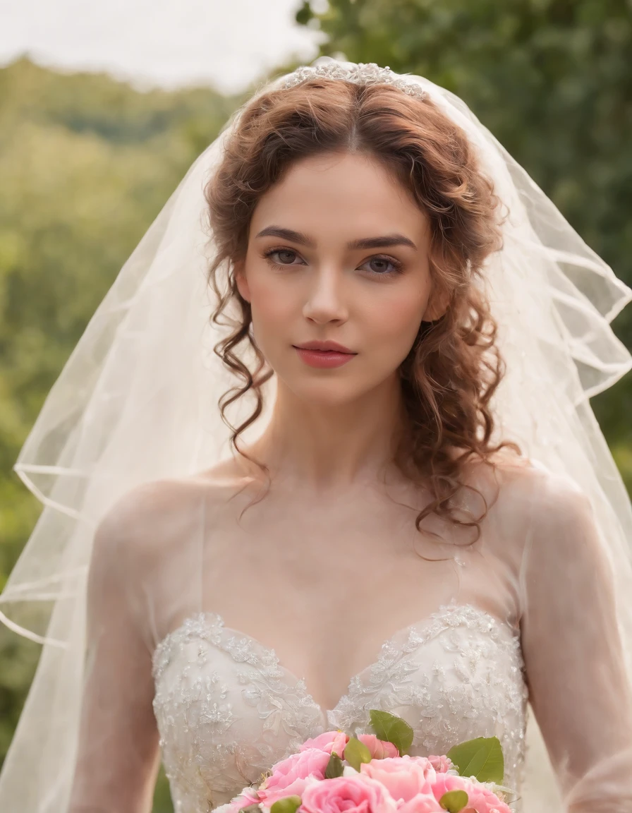 (Full body photograph of 1 girl curly hair wedding dress with large transparent veil and pink dress + suave e delicado +)+(Vestido longo em cores brilhantes, Luz brilhante, Cabelo loiro longo e liso + Olhos brilhantes e acolhedores)+(pink petals + Brisa suave + with blue sky and white clouds + Bosques verdes e floridos), ((upper body)), magazine cover.medium close up shot