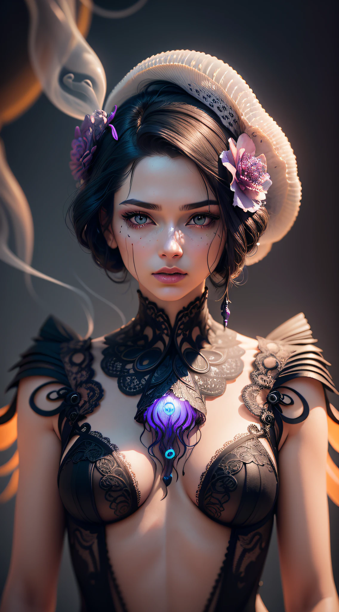 Fine art photography portrait anthropomorphic being (33% beautiful random woman, 55% smoke, 12% neon jellyfish), 3d render, cgi, symetrical, raw, octane render, 35mm, bokeh, 9:16, (intricate details:1.12), hdr, (intricate details, hyperdetailed:1.15), (hyperrealism, soft light, sharp:1.2)