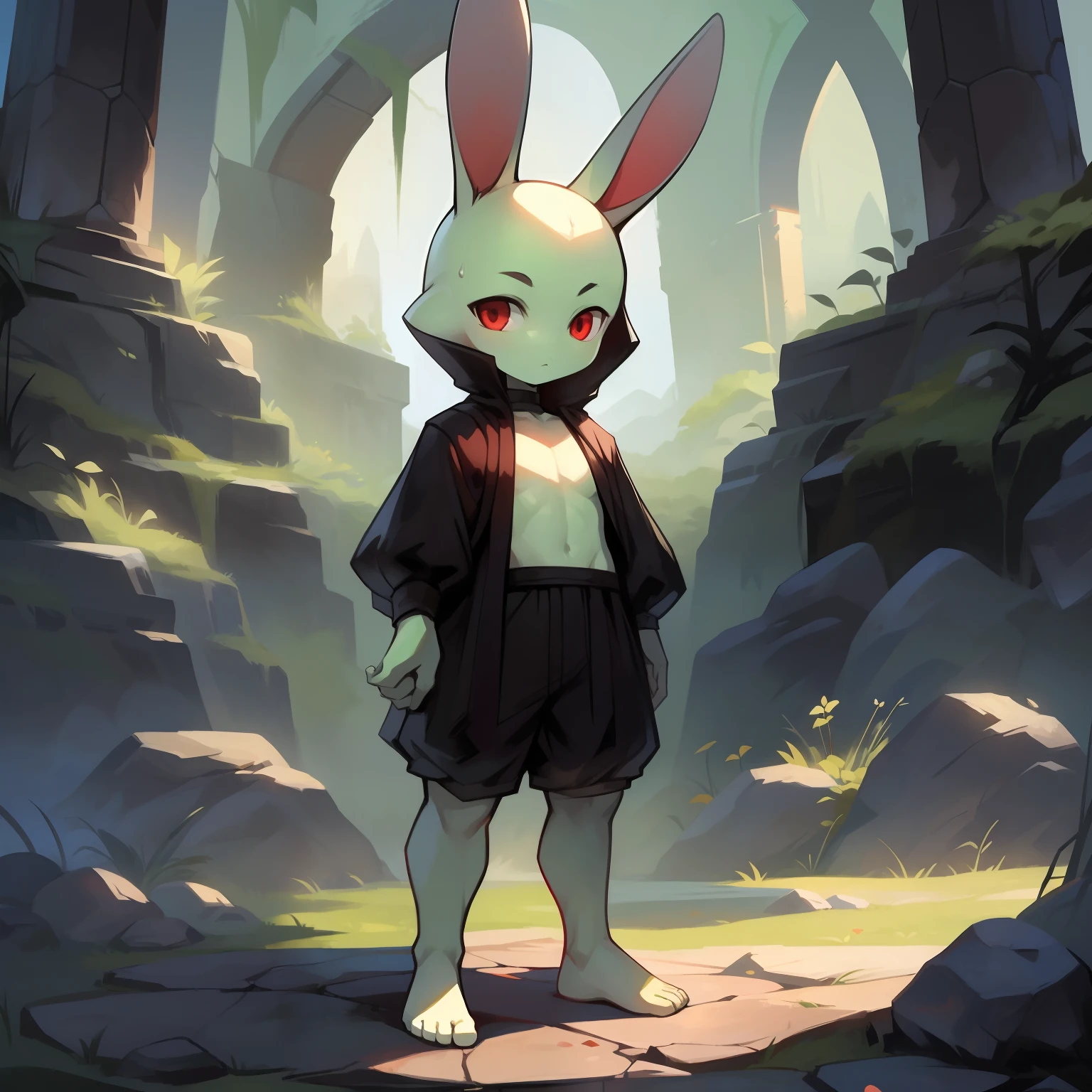 Best quality，Masterpiece，((byself))，a black cloak，Black  shorts，(White rabbit feet in black socks)，Stand on a stone slab，((Short stature))，（bit girl)，((bald-headed，No ears，rabbit Facial Features，rabbit Body Features))，red eyes，（bunny tail），（White belly），（Pale green body hair，Light green legs），alleys，