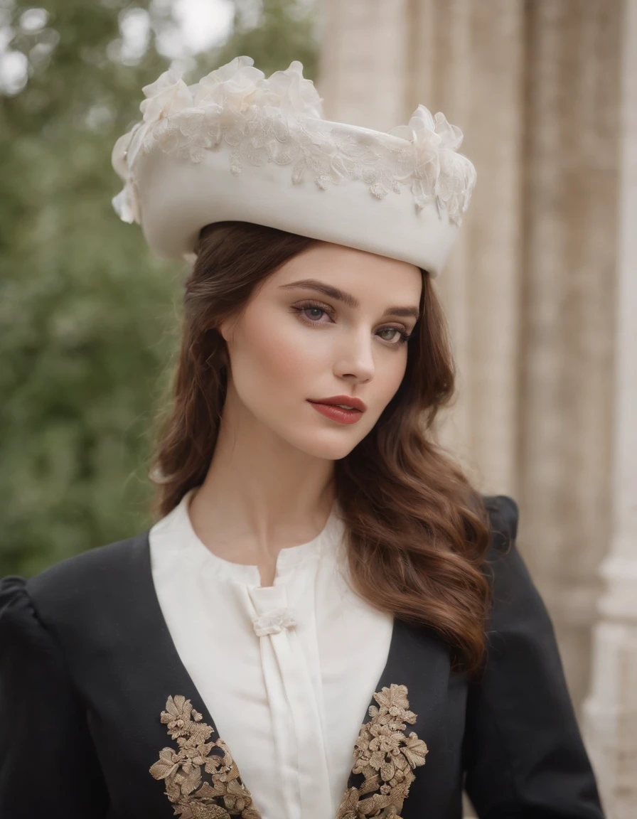 a model wears a black coat and a white hat, in the style of 32k uhd, rococo elegance, vintage-inspired designs, bold curves, ferrania p30, limited color range, english school .