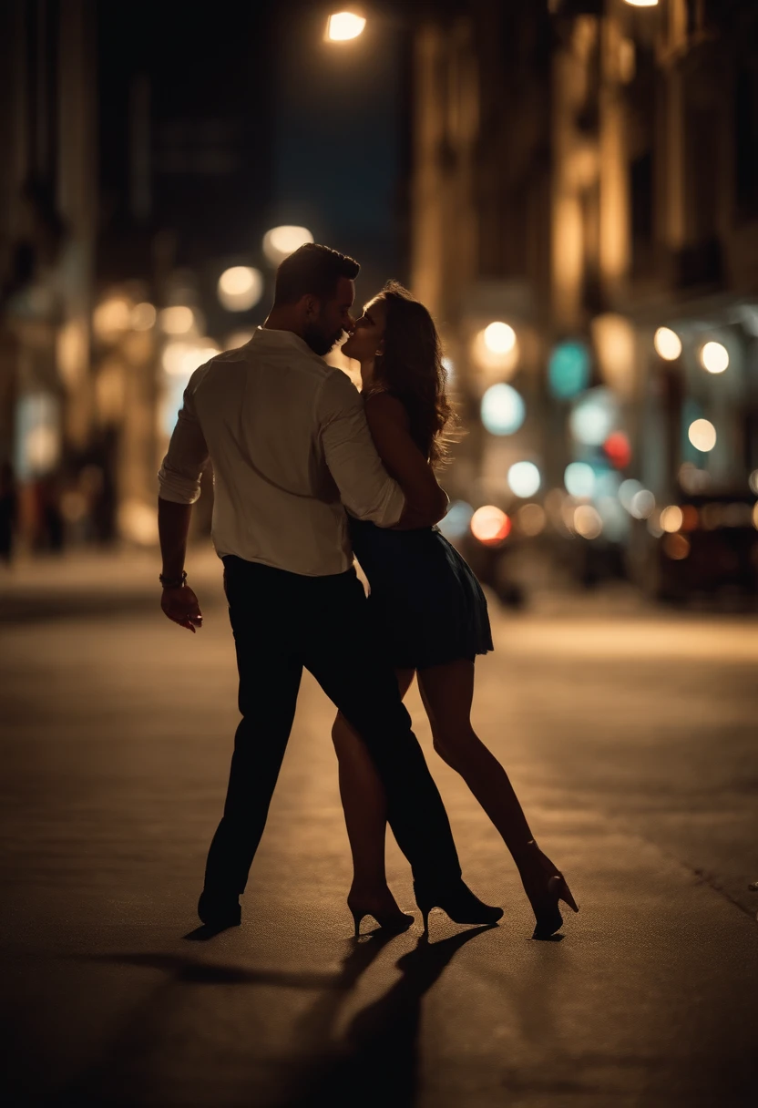 Un hombre y una mujer con ropa casual bailando bajo la luna en una ciudad moderna.