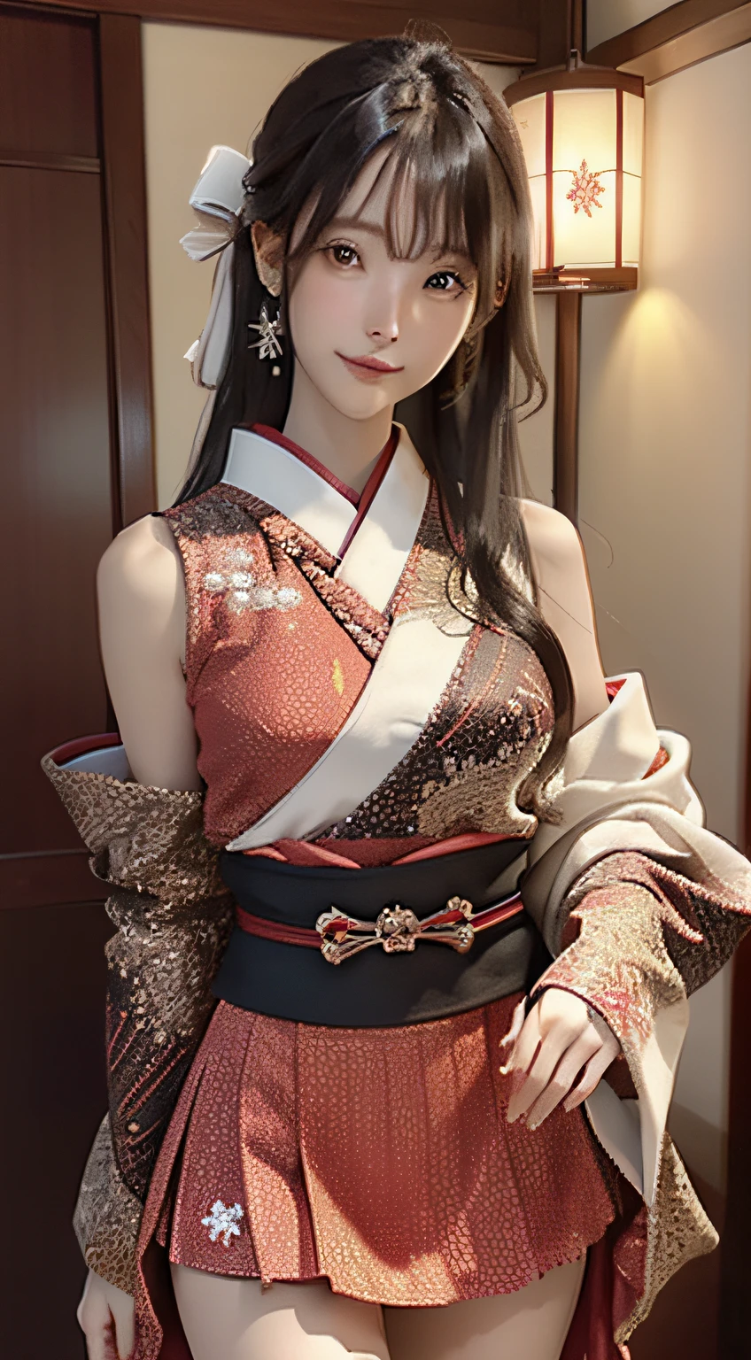 Official art, 统一 8k 壁纸, ultra-detailliert, Beautifully Aesthetic, masterpiece, top-quality, (Zentangle, Tangles, Entanglement), (Fractal Art: 1.4), 1girl in, A dark-haired, japanse, bare shoulders, a short skirt, Calf, ighly detailed, dynamic ungle, cowboy shot, (The most beautiful forms of chaos), A flowing, (bright colour), nffsw, (half: 1.2), japanese-inspired, (Tanka Flying Sky: 1.5), (bow ribbon: 1.3), (Dreams: 1.5), (A Japanese style: 1.5), Japan Phoenix、(A smile:0.5)、(japanese god)、