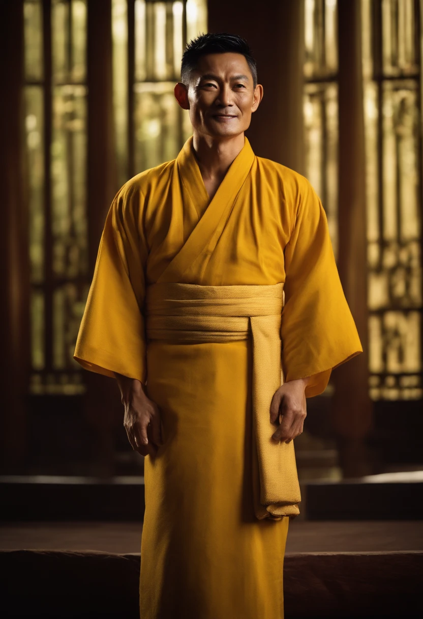 Middle-aged Asian male,frontage,Kind and gentle,Yellow Buddhist robe,Shallow smile,Andy lau,Short hair black