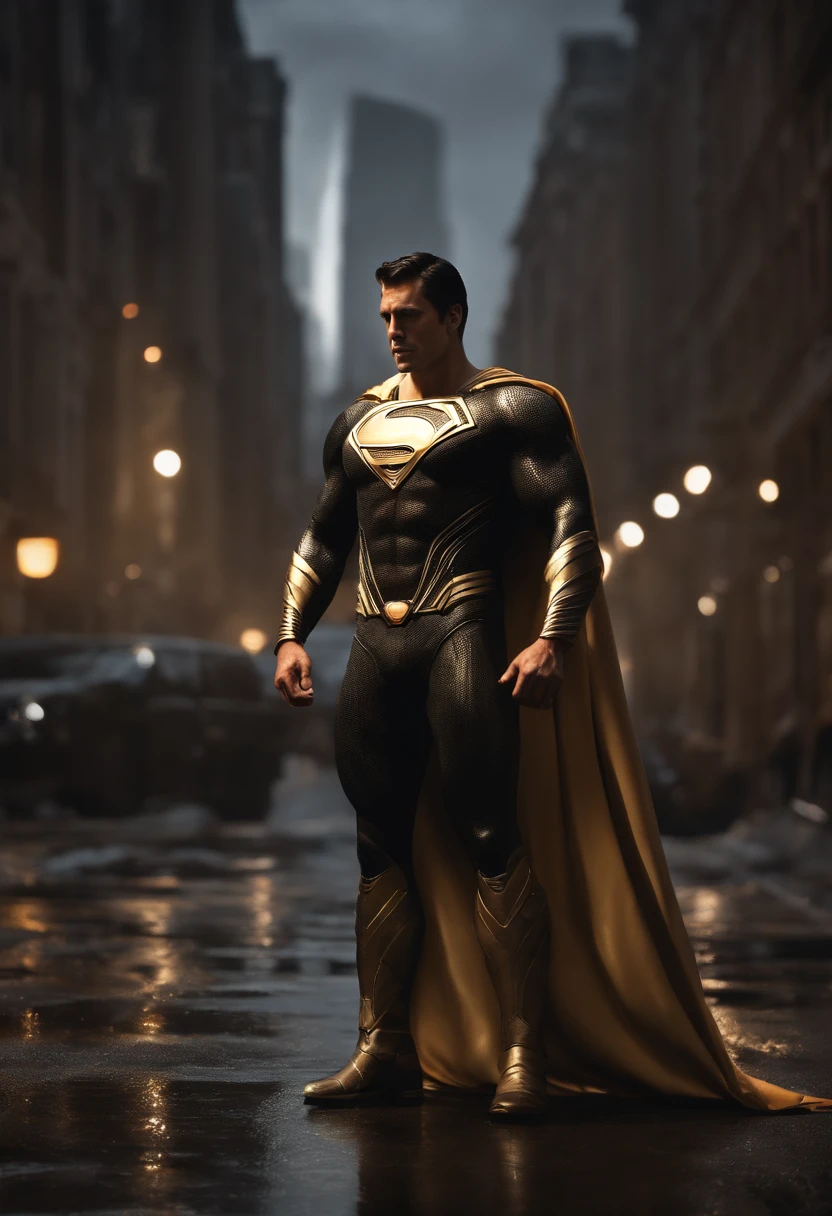 Full body photo of Superman in white and gold armor style suit, no mask on, White cape, looking at center camera, Perfectcomposition, beautiful detailed intricate insanely detailed octane render trending on artstation, 8 k artistic photography, Arte conceptual fotorrealista, soft natural volumetric cinematic perfect light, Chiaroscuro, an award winning photograph, Masterpiece, oil on the canvas, raffael, Caravaggio, greg rutkovsky, beeple, beksinski, Giger, trending on artstationh, Sharp focus, studio photo, Intricate details, Highly detailed, night city on the background, by Greg Rutkowski