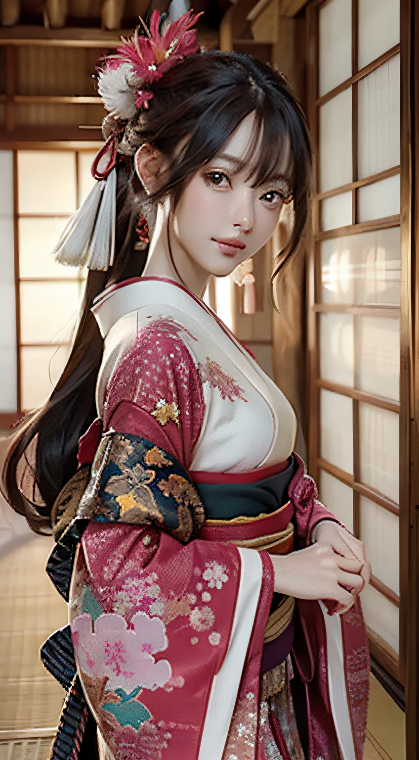 Official art, 统一 8k 壁纸, ultra-detailliert, Beautifully Aesthetic, masterpiece, top-quality, (Zentangle, Tangles, Entanglement), (Fractal Art: 1.4), 1girl in, A dark-haired, japanse, bare shoulders, a short skirt, Calf, ighly detailed, dynamic ungle, cowboy shot, (The most beautiful forms of chaos), A flowing, (bright colour), nffsw, (half: 1.2), japanese-inspired, (Tanka Flying Sky: 1.5), (bow ribbon: 1.3), (Dreams: 1.5), (A Japanese style: 1.5), Japan Phoenix、(A smile:0.5)、(japanese god)、