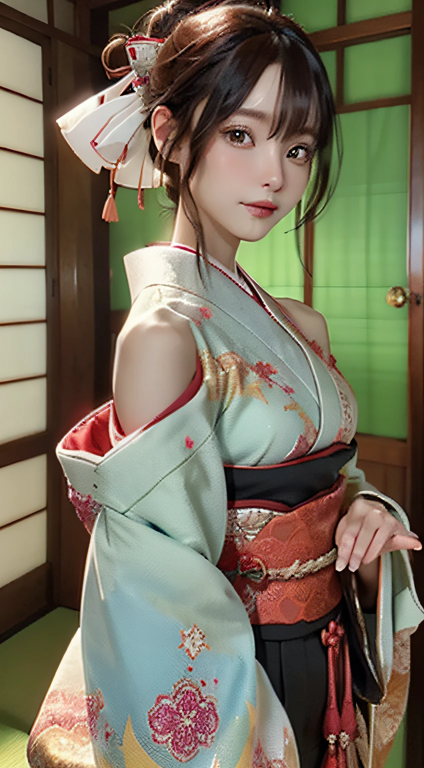 Official art, 统一 8k 壁纸, ultra-detailliert, Beautifully Aesthetic, masterpiece, top-quality, (Zentangle, Tangles, Entanglement), (Fractal Art: 1.4), 1girl in, A dark-haired, japanse, bare shoulders, a short skirt, Calf, ighly detailed, dynamic ungle, cowboy shot, (The most beautiful forms of chaos), A flowing, (bright colour), nffsw, (half: 1.2), japanese-inspired, (Tanka Flying Sky: 1.5), (bow ribbon: 1.3), (Dreams: 1.5), (A Japanese style: 1.5), Japan Phoenix、(A smile:0.5)、(japanese god)、