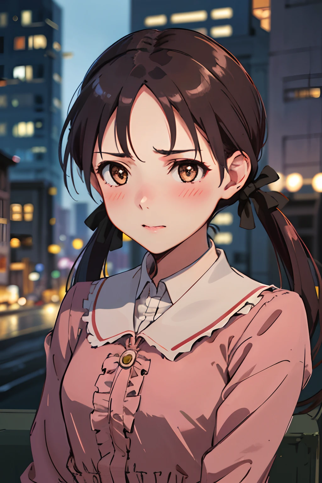 1girl, radiance, soft contours, upper body, eyelashes, detailed background, bright colors,
gertrud barkhorn, long low twintails, full-face blush, pink dress with ruffles, bows, pink ribbons,
cityscape,