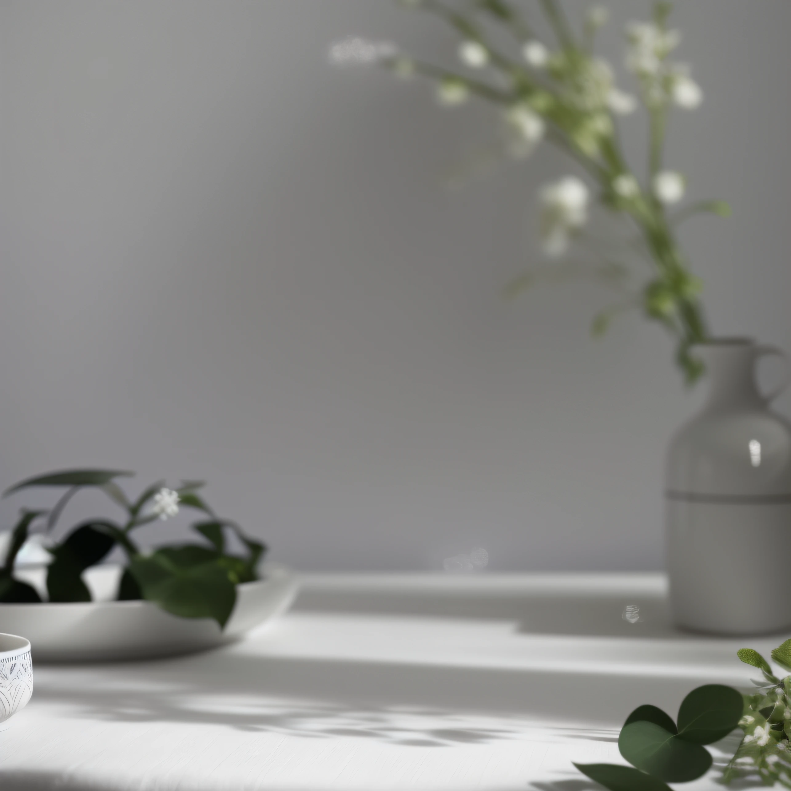 There is a white plate，It has a cake and a vase on it, still life photo of a backdrop, on a white table, Leaves and simple cloth, dslr photo of a vase on a table, white marble interior photograph, product introduction photos, shot with canon eoa 6 d mark ii, Still Life Photo Gallery, center focus on table, real porcelain texture effect