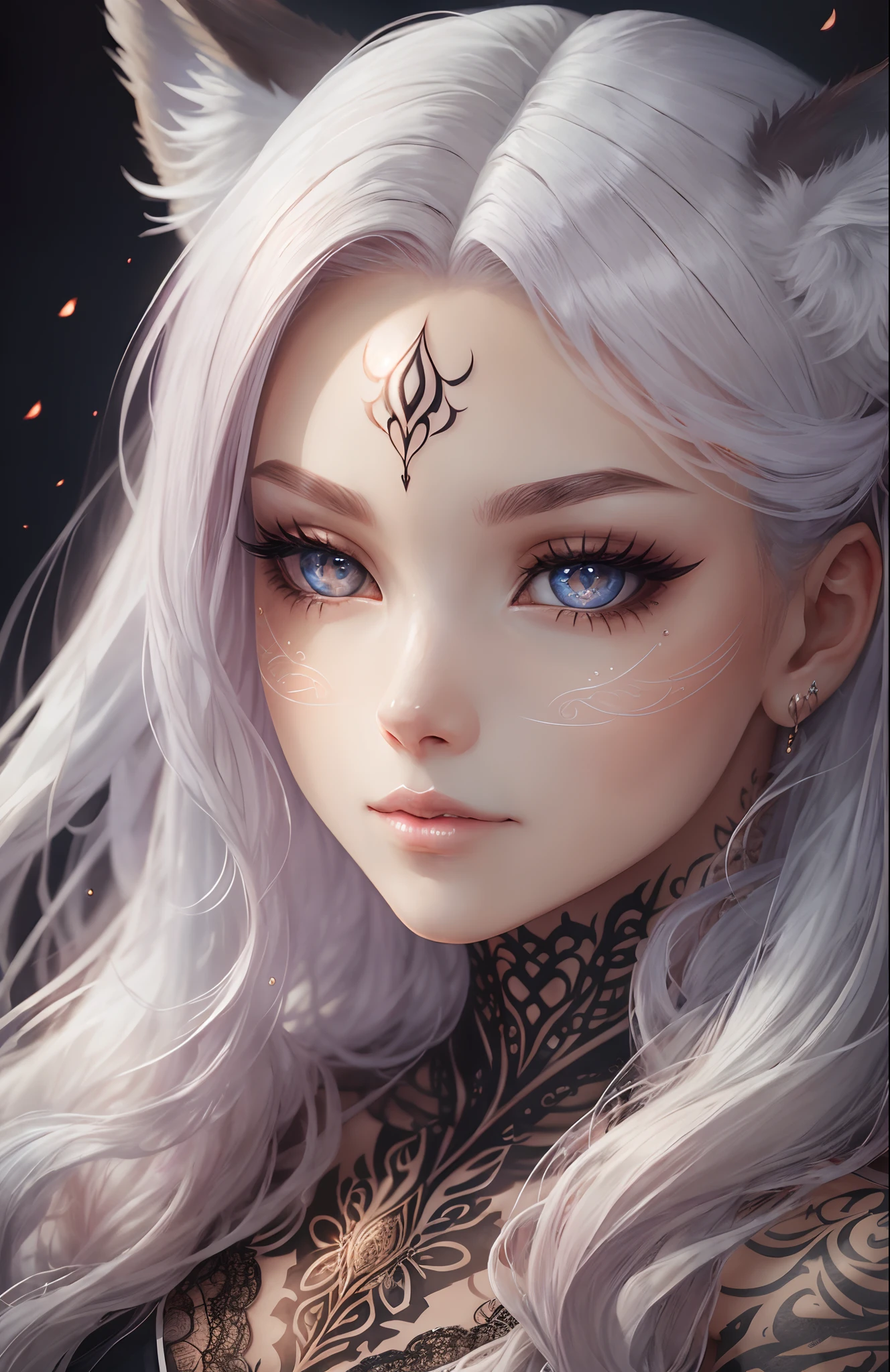 Metamorphosis of a fox girl, 128k, high quality, detailing, transparent face professional photo, shiny eyes, long eyelashes, complicated hairstyle, fantasy, filigree, surrealism, overdetalization, focus on the eyes, aesthetics detailed drawing, fantasy, 3d, medium plan, overdetalization, tattooing on the face, lace guipure, hair white sholk. --auto --s2