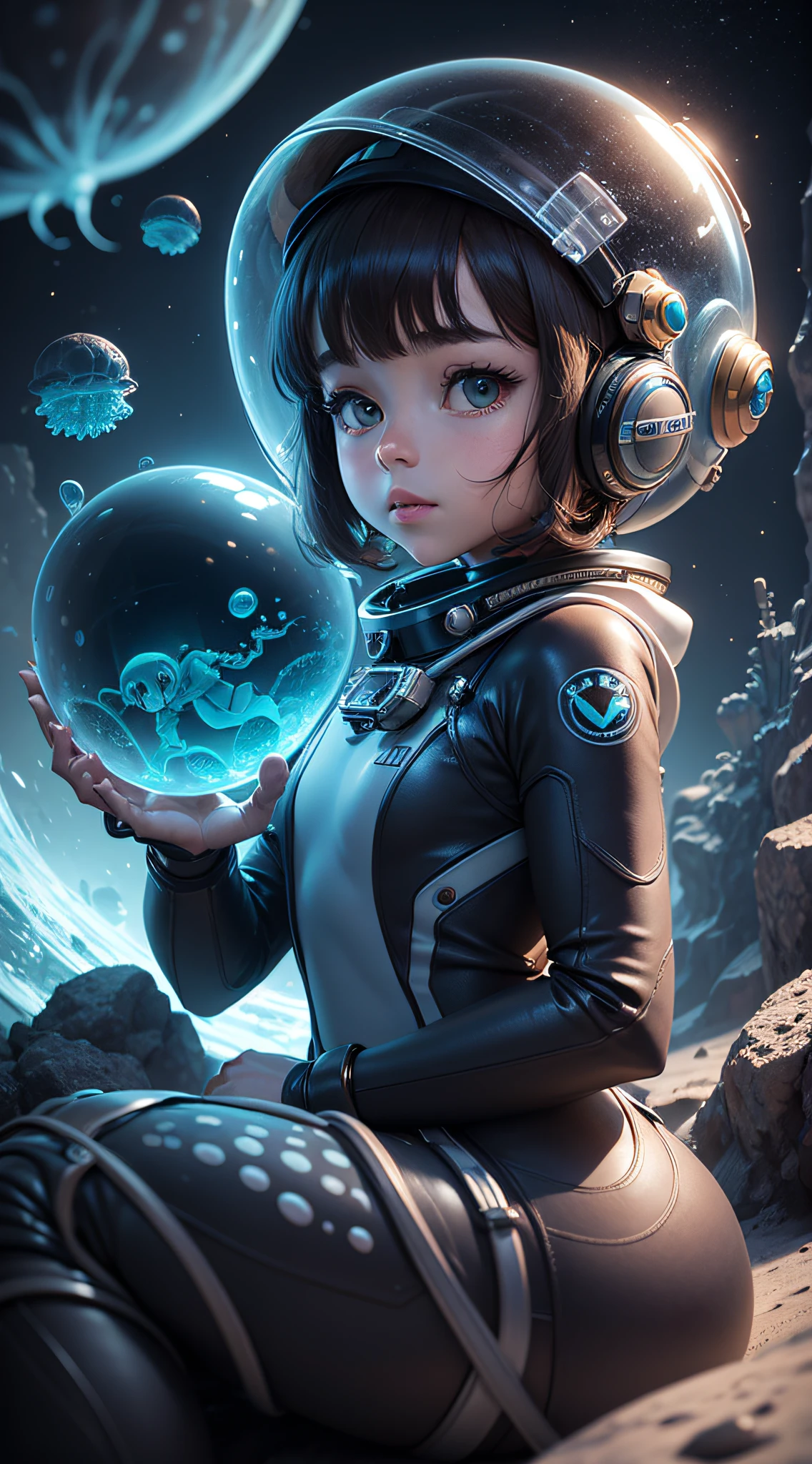 a beautiful deep sea diver sits on an alien sea bed with her diving helmet filled with water and jellyfish , 3d render, detailed digital art, female explorer mini girl, digital painting, stylized 3d render, cute digital art, render 3d anime girl , the little diver looks up, cute! c4d, portrait anime space cadet girl, sitting on a moon rock pile