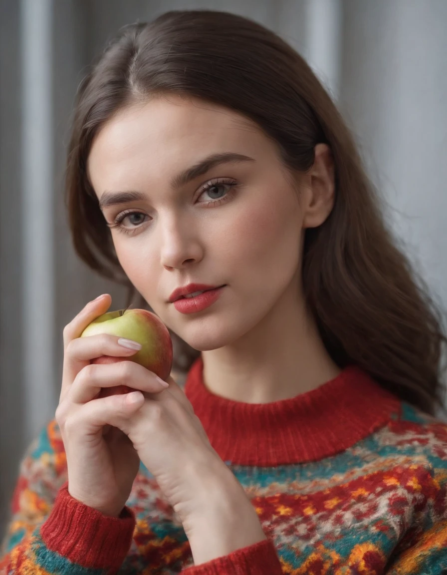 woman in a colorful retro sweater, has a bitten apple in her hand, taken from the side, close up shot, daylight, high quality photo.