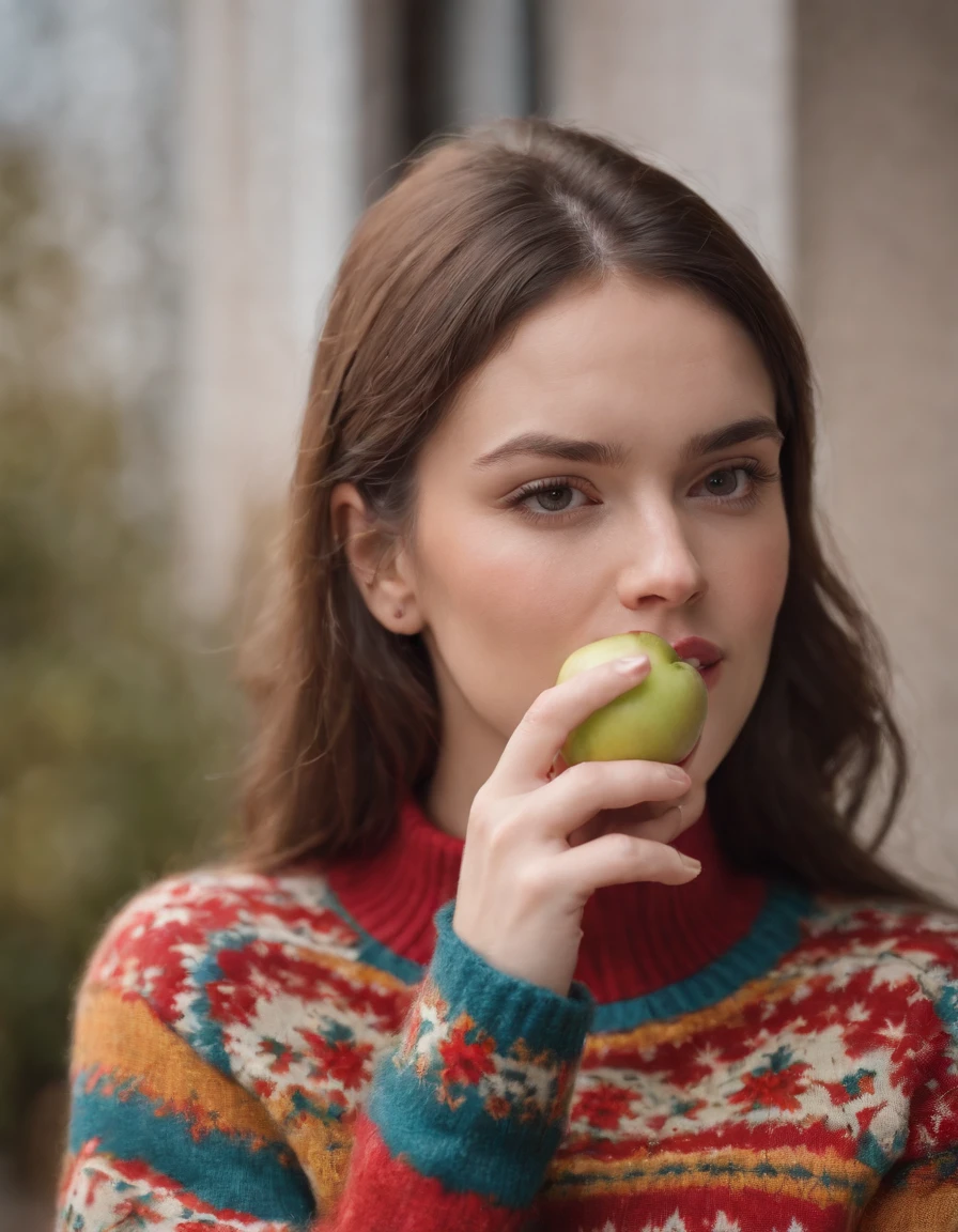 woman in a colorful retro sweater, has a bitten apple in her hand, taken from the side, close up shot, daylight, high quality photo.