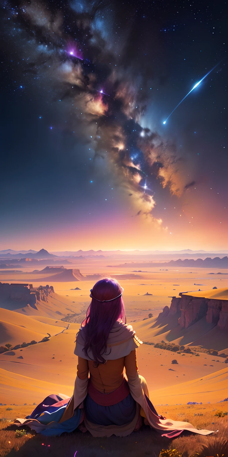 View from a distance，plethora of colors，Gorgeous and colorful，wide wide shot，concept-art，Clear picture，The vast steppes of the African savannah，Stars shine at night，HighDynamicRange，Girl sitting in the field，4K,Starry sky on night background