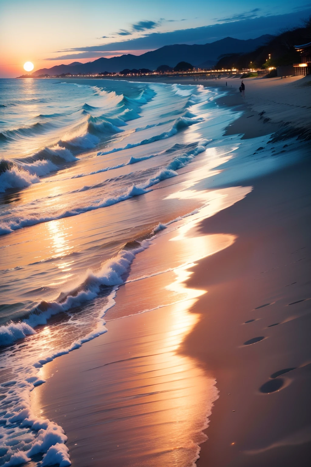 Japan beaches、Evening glow、shining water surface、gentle waves、White sandy beach、