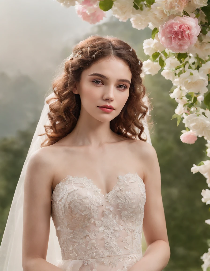 (Full body photograph of 1 girl curly hair wedding dress with large transparent veil and pink dress + suave e delicado +)+(Vestido longo em cores brilhantes, Luz brilhante, Cabelo loiro longo e liso + Olhos brilhantes e acolhedores)+(pink petals + Brisa suave + with blue sky and white clouds + Bosques verdes e floridos), ((upper body)), (magazine cover.medium close up shot)