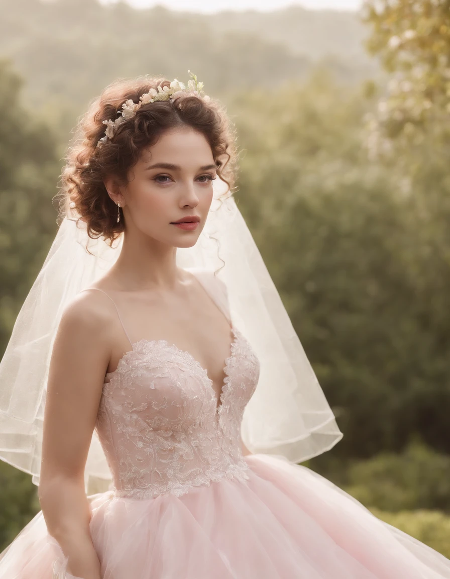 (Full body photograph of 1 girl  curly hair wedding dress with large transparent veil and pink dress + suave e delicado +)+(Vestido longo em cores brilhantes, Luz brilhante, Cabelo loiro longo e liso + Olhos brilhantes e acolhedores)+(pink petals + Brisa suave + with blue sky and white clouds + Bosques verdes e floridos),  ((upper body)), (magazine cover.medium close up shot)