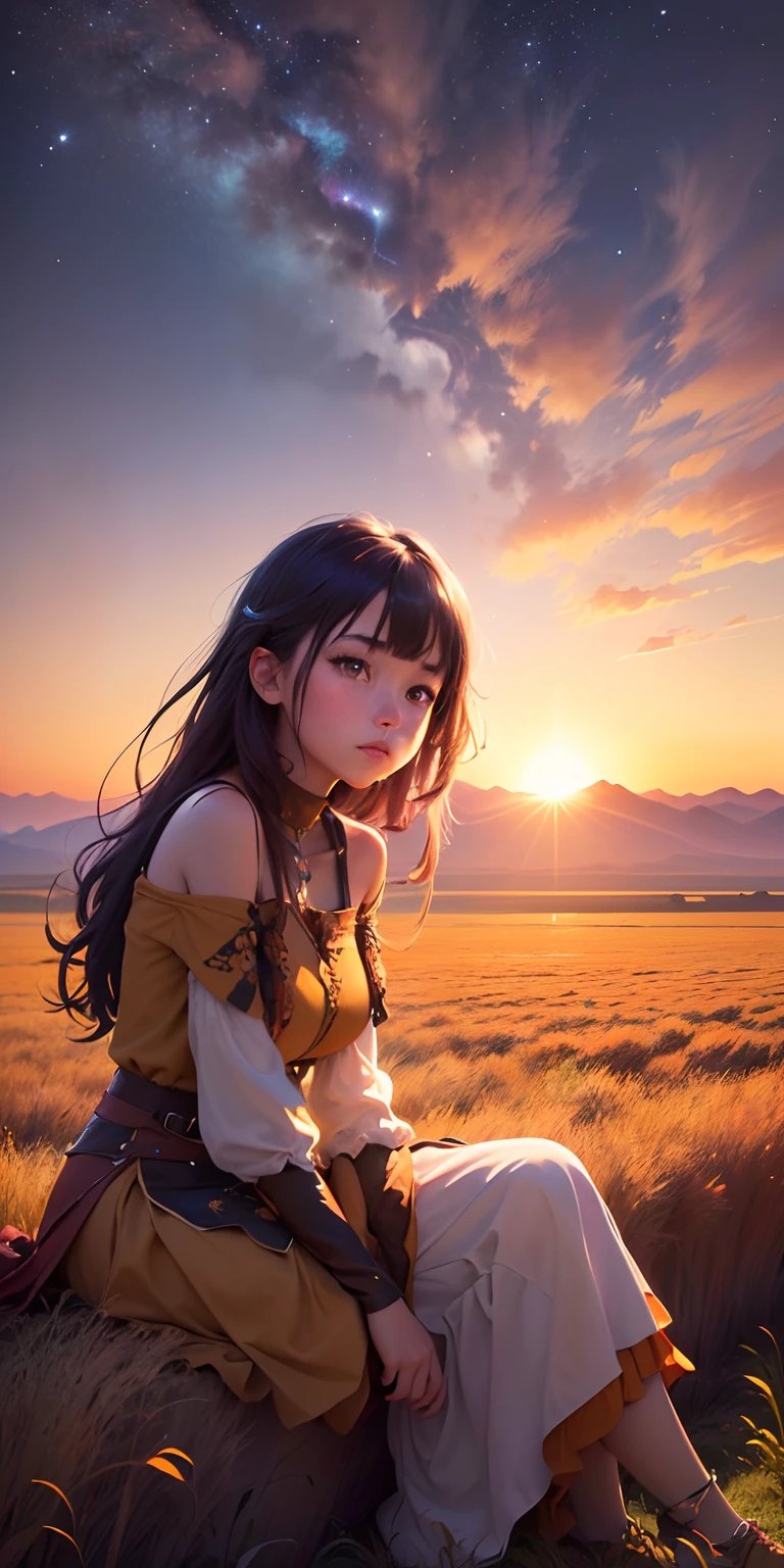 the setting sun,Evening light,View from a distance,plethora of colors,Gorgeous and colorful,wide wide shot,concept-art,Clear picture,The vast steppes of the African savannah,Night stars shine,HighDynamicRange,Girl sitting in the field,4K,Sunset background